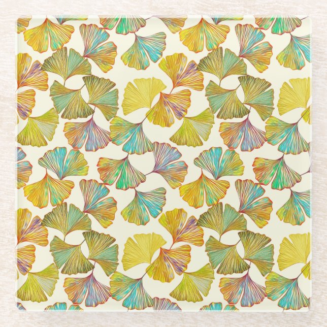 Gingko Leaves: Floral Abstract Art Glass Coaster (Front)