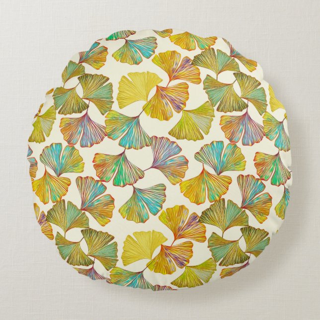 Gingko Leaves: Floral Abstract Art Round Cushion (Front)