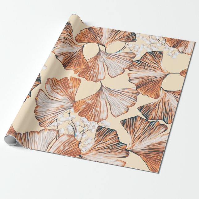 Gingko with fruits seamless pattern. Watercolor fl Wrapping Paper (Unrolled)