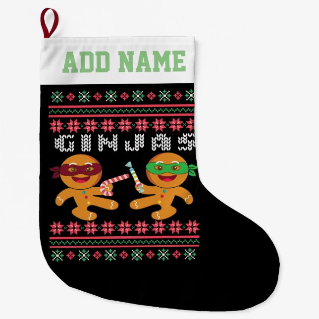 Ginjas Gingerbread Men Ugly Christmas Sweater Large Christmas Stocking (Front)