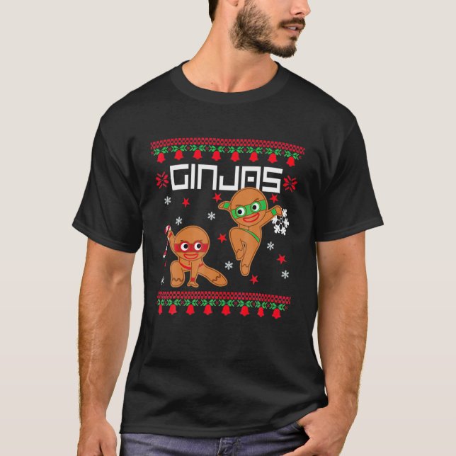 Ginjas Gingerbread Ninjas Funny Ugly Christmas T-Shirt (Front)