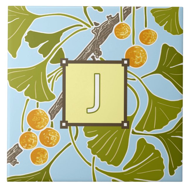 Ginkgo Dance Monogram Letter J Tile (Front)