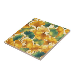 Ginkgo Glow Golden and Green Leaf Pattern Tile