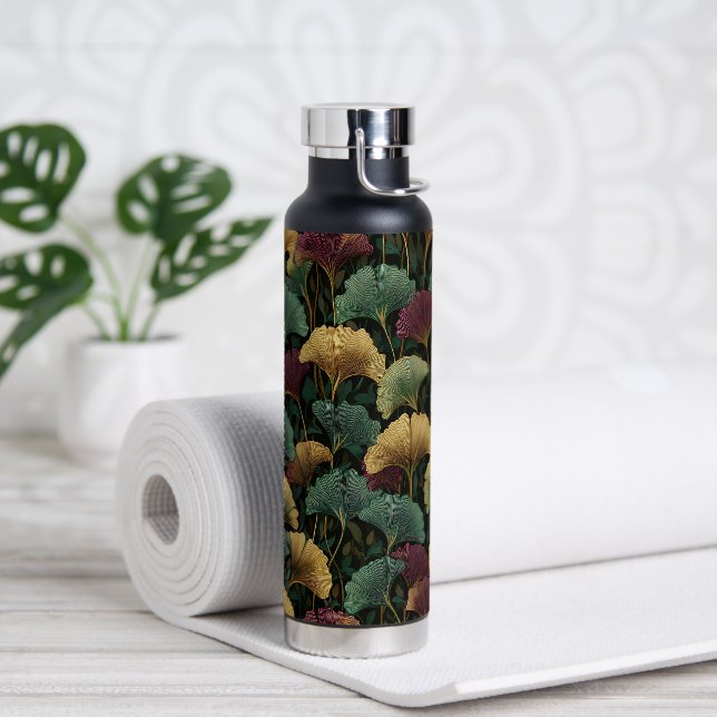 Ginkgo Leaf Pattern Teal Burgundy Water Bottle (Yoga)