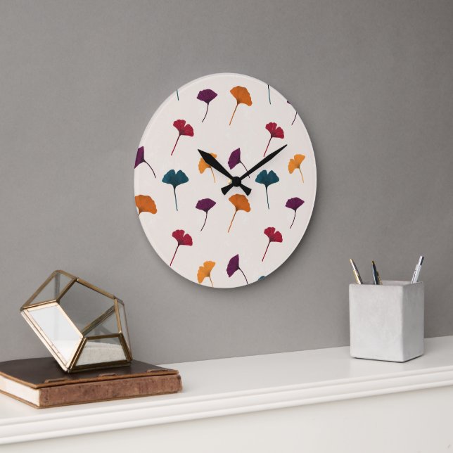 Ginkgo Leaf Pattern Watercolor Fall Autumn Colours Large Clock (Office)