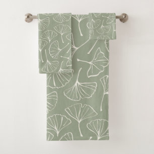Ginkgo Leaves Japandi Neutral Botanical Sage Green Bath Towel Set