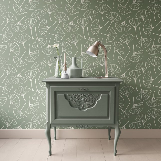 Ginkgo Leaves Japandi Neutral Botanical Sage Green Wallpaper (Creator Uploaded)