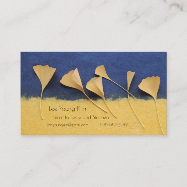 Ginkgo leaves on handmade paper mum calling card (Front)