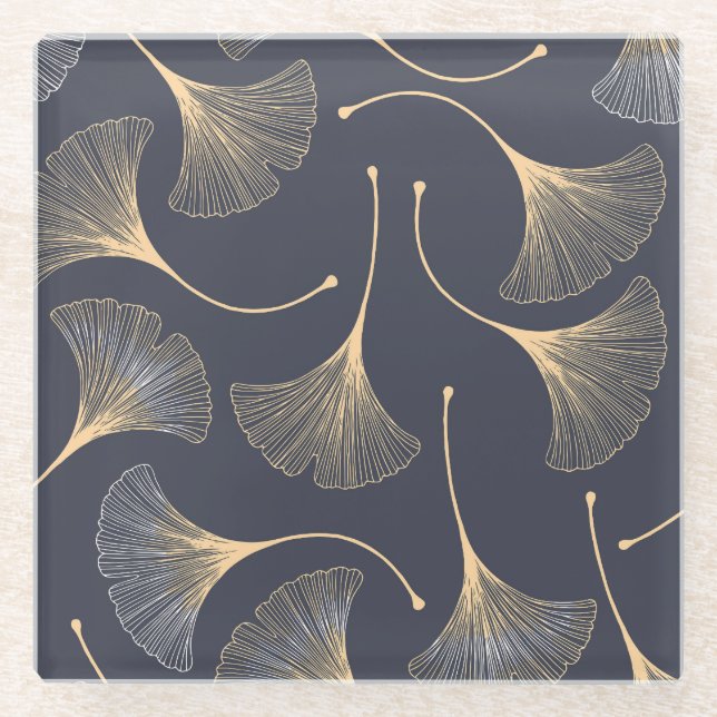 Ginkgo Leaves Seamless Floral Pattern Glass Coaster (Front)