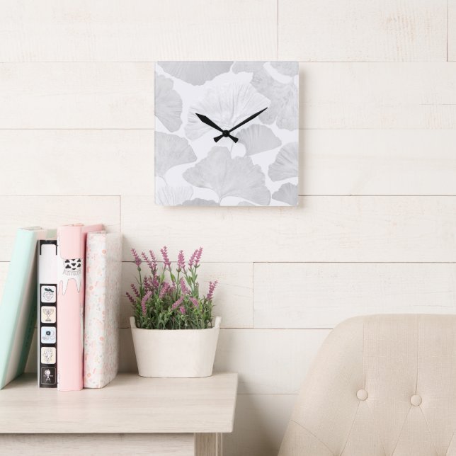 Ginkgo Leaves Soft Gray Dream 2 Square Wall Clock (Reading Room)