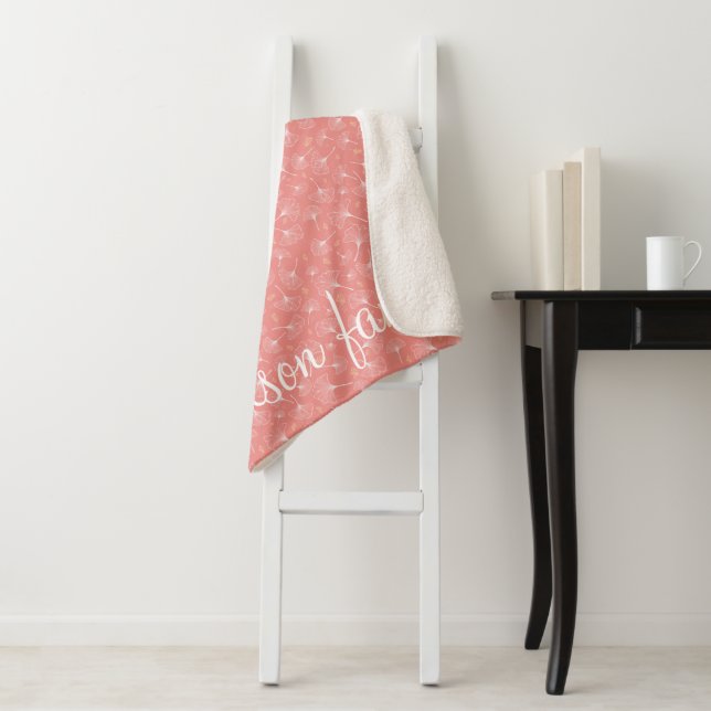 Ginkgo Leaves White And Coral Family Monogram Sherpa Blanket (In Situ)