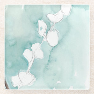 Ginkgo on Dusty Teal - White Glass Coaster