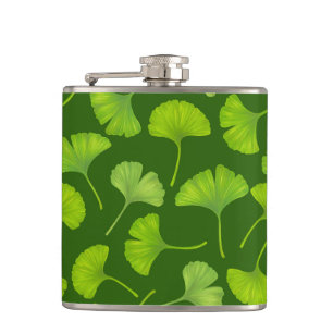 Ginkgo pattern on dark green hip flask