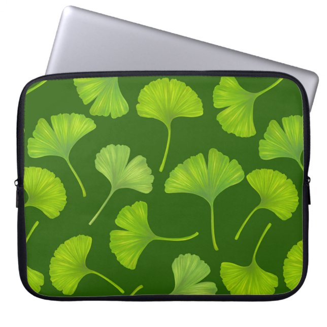 Ginkgo pattern on dark green laptop sleeve (Front)