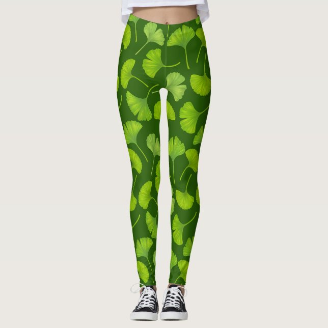 Ginkgo pattern on dark green leggings (Front)