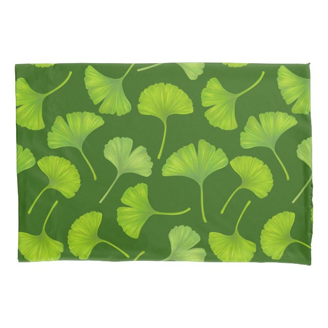 Ginkgo pattern on dark green pillowcase (Front-Left)