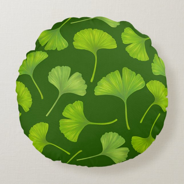 Ginkgo pattern on dark green round cushion (Front)