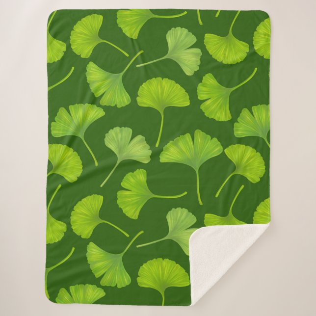 Ginkgo pattern on dark green sherpa blanket (Front)
