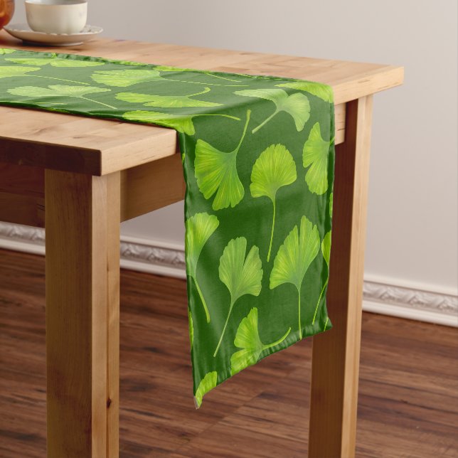 Ginkgo pattern on dark green short table runner (In Situ)