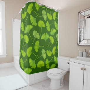 Ginkgo pattern on dark green shower curtain