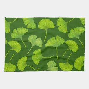 Ginkgo pattern on dark green tea towel