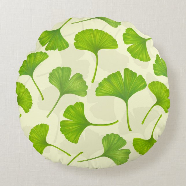 Ginkgo pattern on off white round cushion (Front)