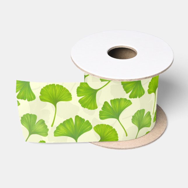 Ginkgo pattern on off white satin ribbon (Spool)