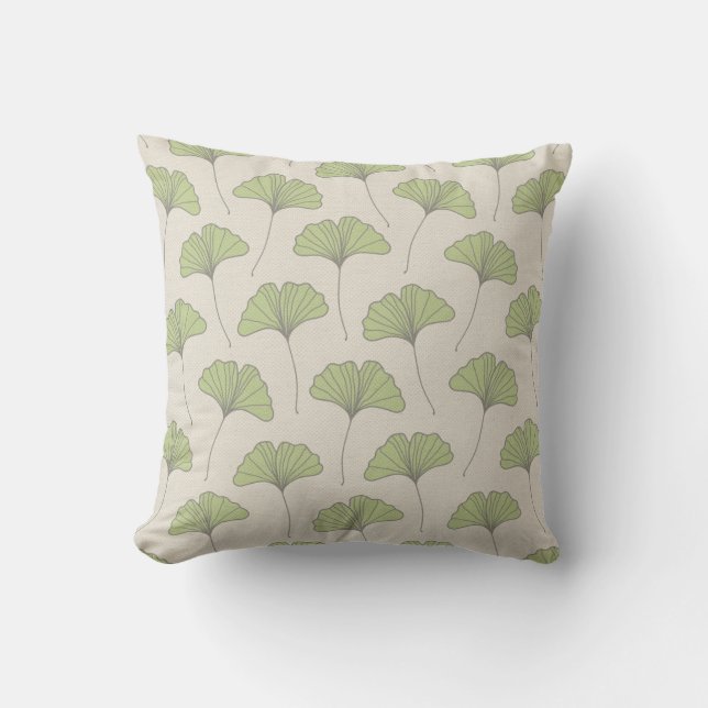 Ginkgo Tree Leaf Pattern Green on Canvas Look Cushion (Front)