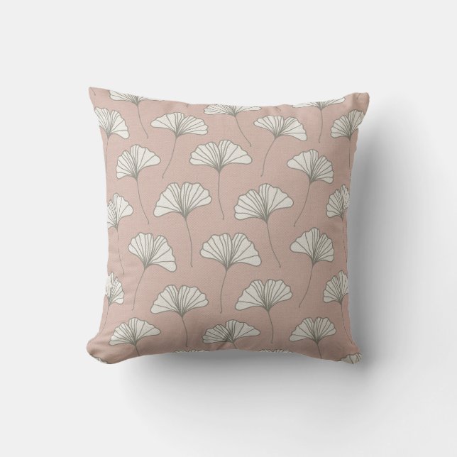 Ginkgo Tree Leaf Pattern Pink Grey and White Cushion (Front)