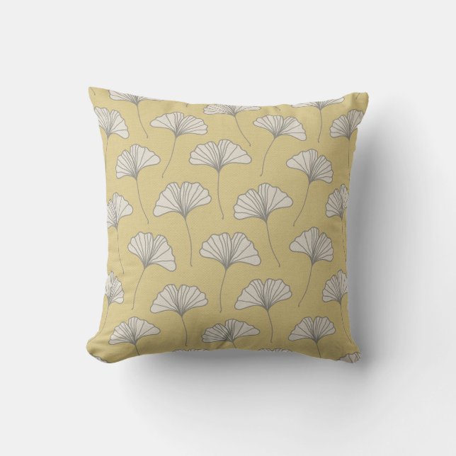 Ginkgo Tree Leaf Pattern Yellow Grey and Cream Cushion (Front)
