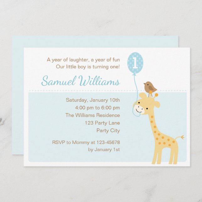 Giraffe 1st Birthday Invitations (Boys Balloon) (Front/Back)