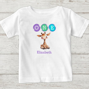 Giraffe 1st Birthday one with name purple Baby T-Shirt