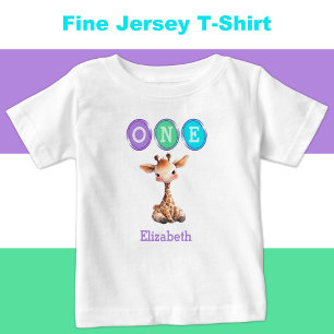 Giraffe 1st Birthday one with name purple Baby T-Shirt