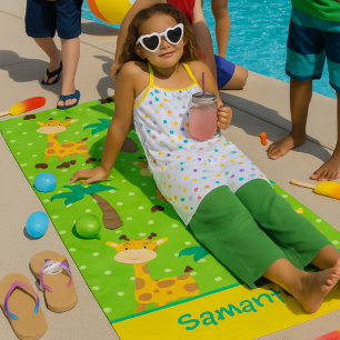 Giraffe Adventure with Palm trees Beach Towel