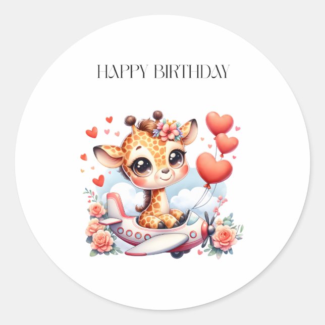 Giraffe Aeroplane Birthday Classic Round Sticker (Front)