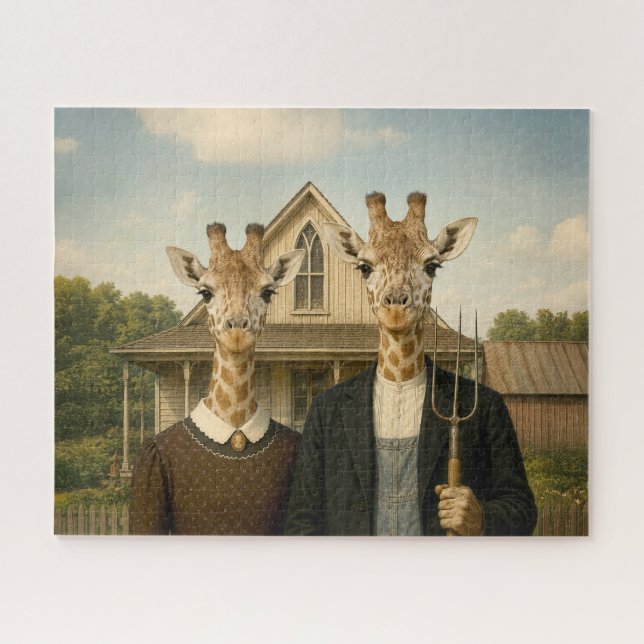 Giraffe American Gothic Farmstead Jigsaw Puzzle (Horizontal)