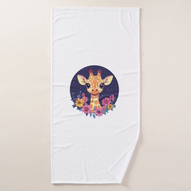 Giraffe Among Flowers Under Starry Night Charm   Bath Towel (Bath Towel)