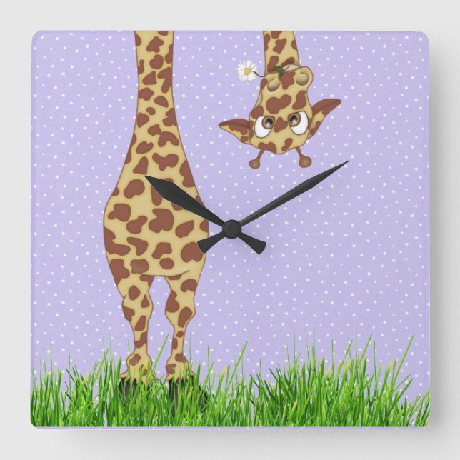 Giraffe and Daisy on Polka Dots Square Wall Clock (Front)