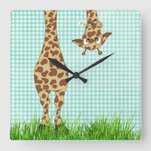 Giraffe and Daisy onGreen Gingham Square Wall Clock