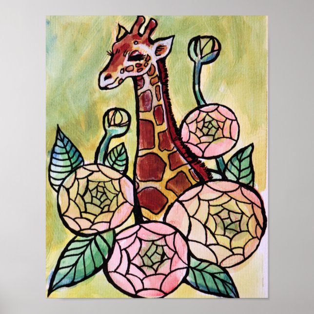 Giraffe and Flowers  Giraffes illustration floral  Poster (Front)