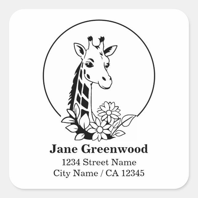 Giraffe And Flowers Name And Address Square Sticker (Front)
