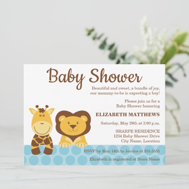 Giraffe and Lion Animals Baby Shower Invitation (Standing Front)