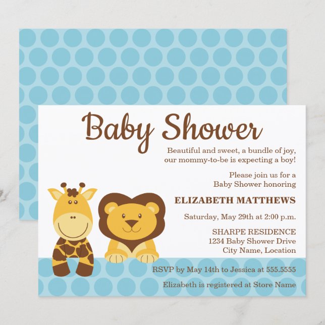 Giraffe and Lion Animals Baby Shower Invitation (Front/Back)