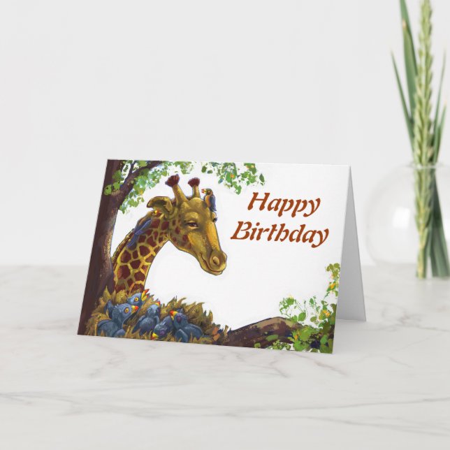Giraffe and Oxpecker Happy Birthday Card (Front)