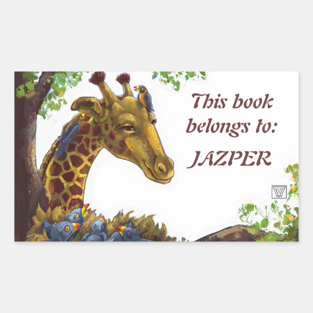 Giraffe and Oxpeckers Bookplate Rectangular Sticker (Front)