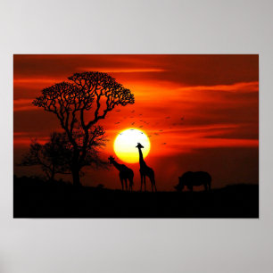 Giraffe and  Rhinoceros Sunset Poster