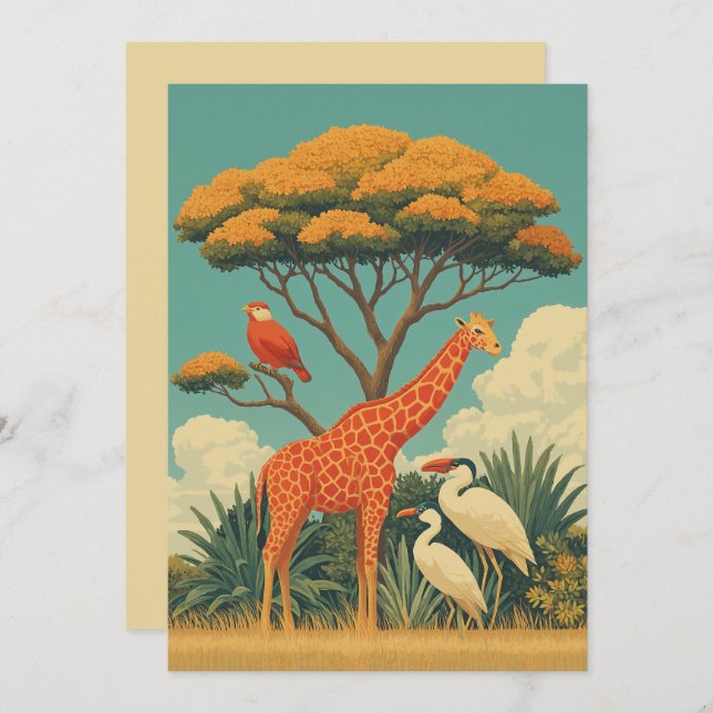 Giraffe and Safari Birds Invitation (Front/Back)