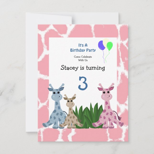 Giraffe Animal Birthday Invitation (Front)