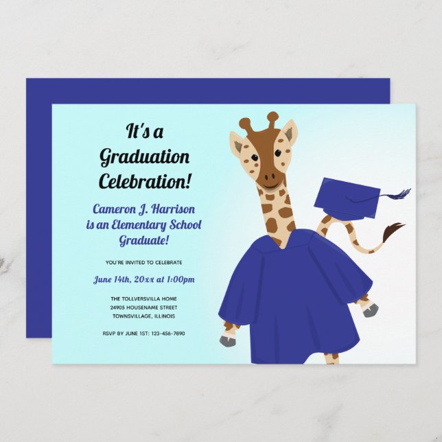 Giraffe Animal Blue Cap Gown Kid Graduation Invitation (Front/Back)