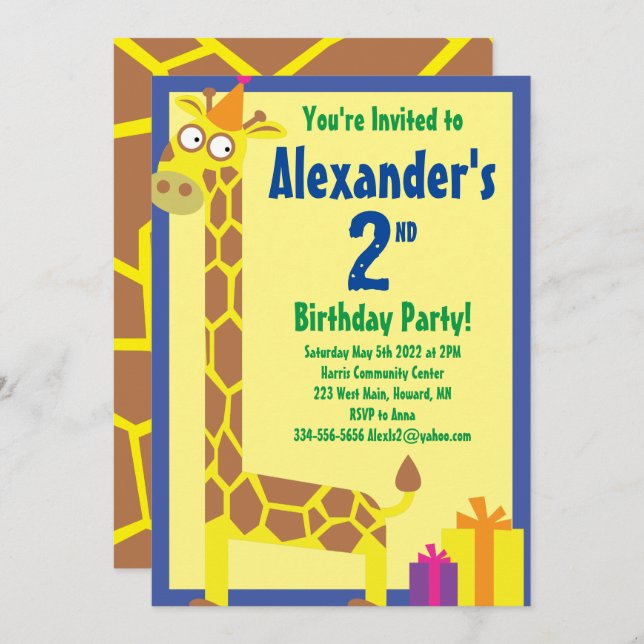 Giraffe Animal Kid's Birthday Party Invitations (Front/Back)